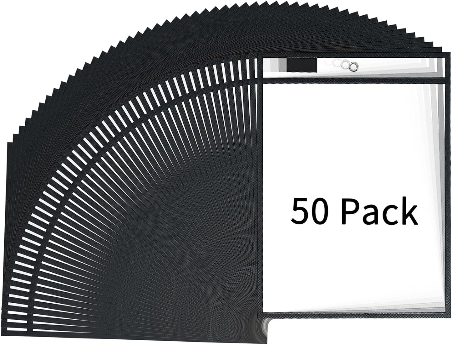 Job Ticket Holders - Reusable Black Plastic Sleeves (10 x 14 Inches), Clear Pockets, Dry Erase, 50PCS