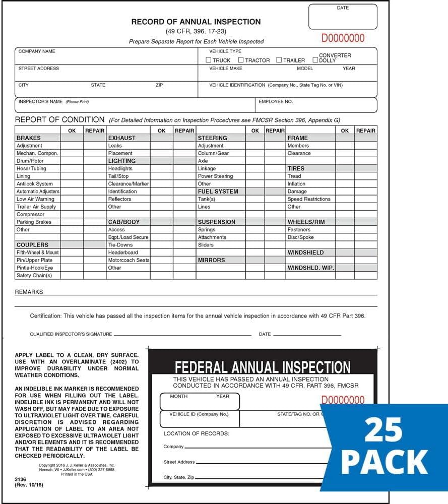 J. J. Keller 25-Pack, Record of Annual Inspection Form with Inspection Decal, 2-Ply Carbonless Form, DOT Compliant