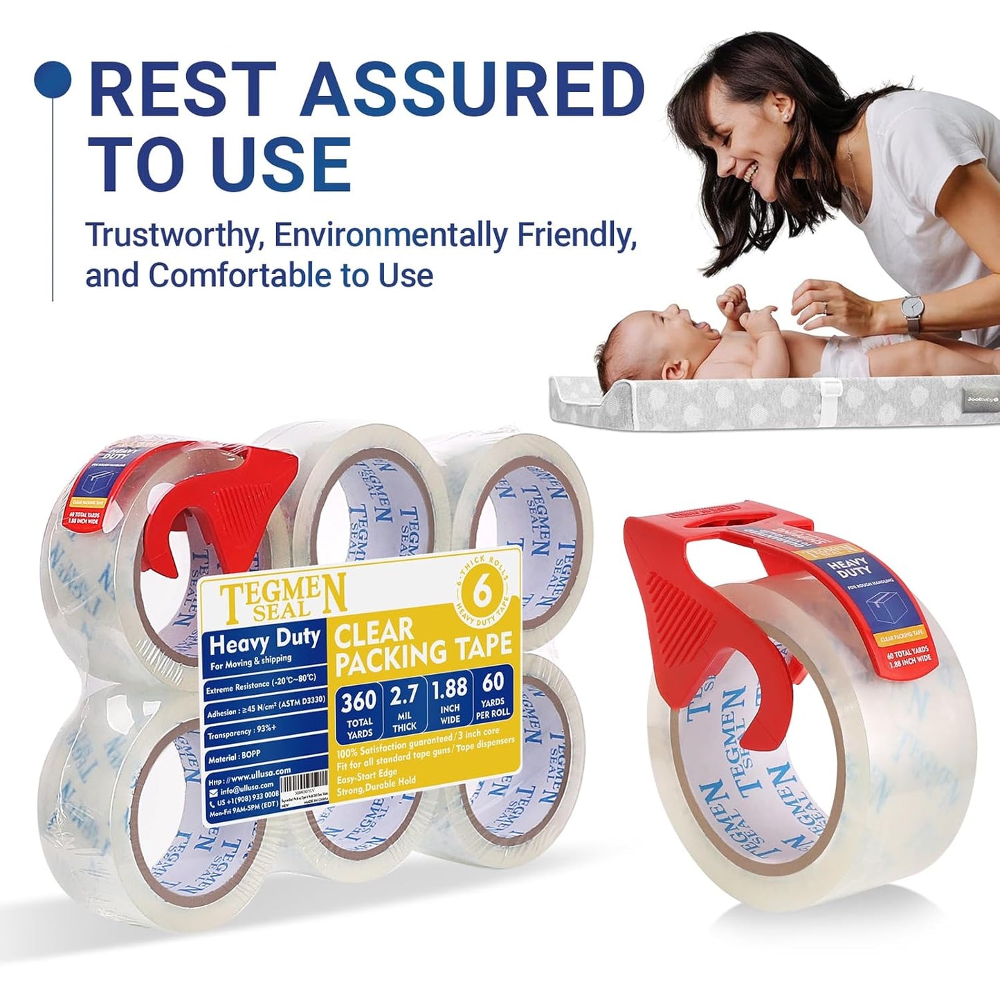 Heavy Duty Clear Packing Tape with Dispenser Combo for Shipping, Moving & Storage,Thicker Clear Packing Tape, 1.88 inches Wide, 60 Yards Per Roll, 6 Pack 360 Total Yards