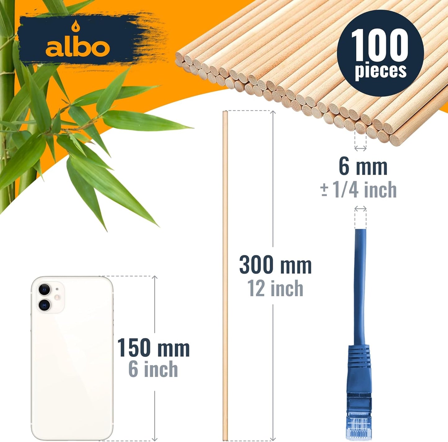 ALBO Wooden Dowel Rods 100 PCS 1/4" x 12" Inch Round Wood Sticks for Crafts, DIY Projects and Macrame Hardwood Assorted Bouquet Sticks Cake Dowels for Tiered Cakes