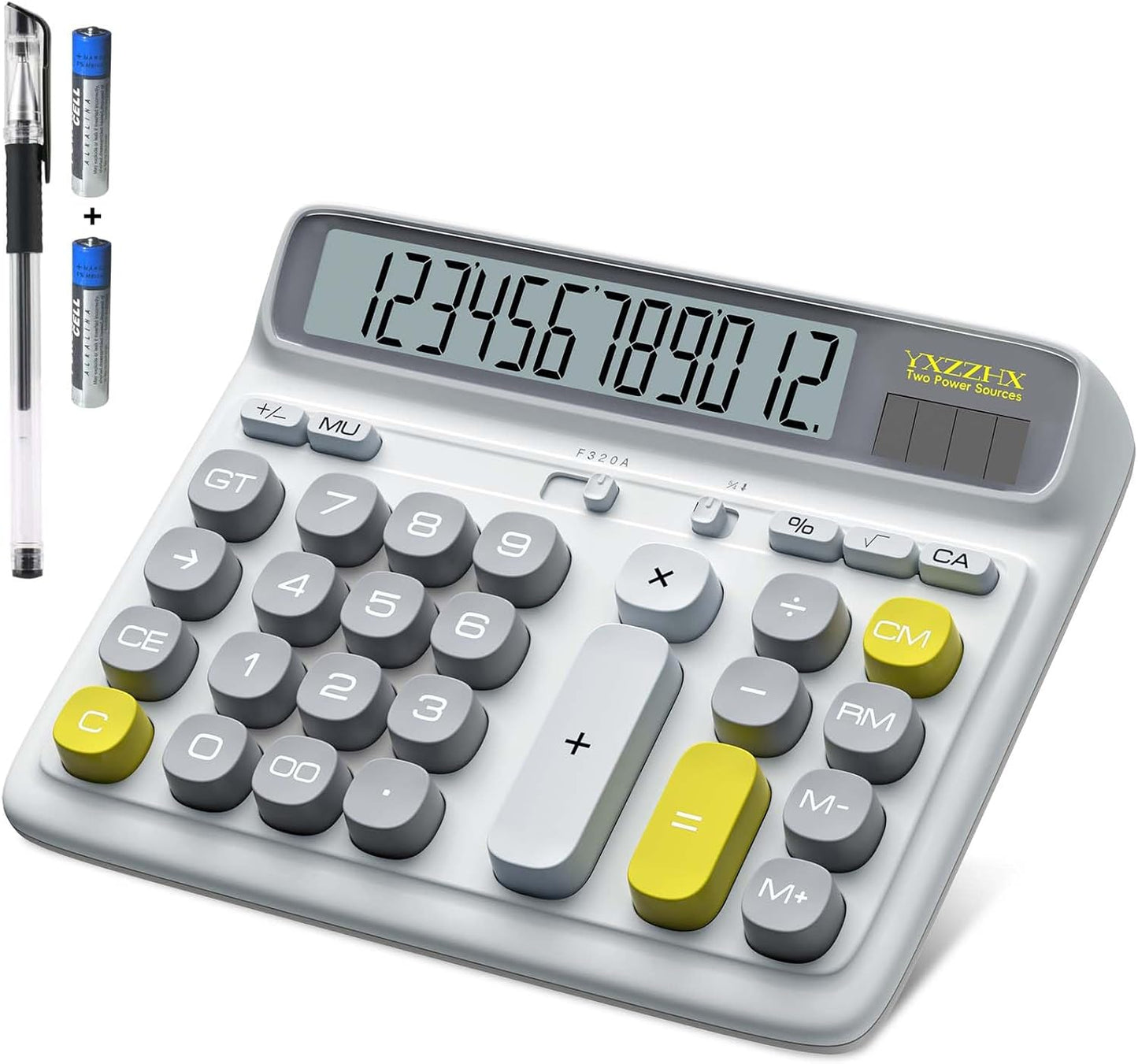 Desktop Calculator with Extra Large 5-Inch LCD Display, 12-Digit Two Way Power Solar & Battery Office Calculator with Big Buttons for Business, Accounting & Home Use(White)