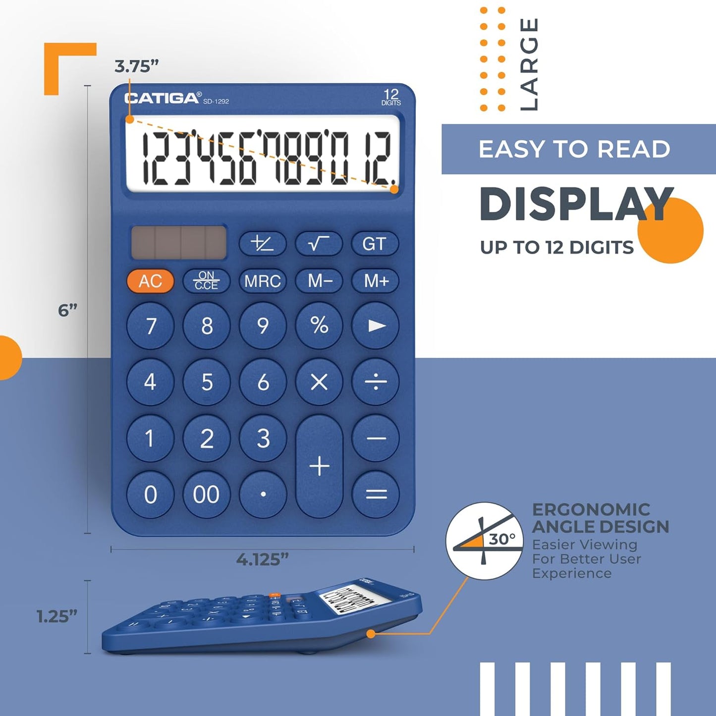 CATIGA 12 Digit Desktop Calculator Basic Desk Calculator with Large LCD Display, Big Buttons, 4 Function, Solar and Battery Dual Power, for Office, School, Home, SD-1292 Navy Blue