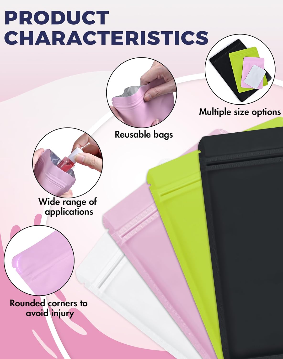 100 Pack Resealable Packaging Bags for Small Business Double-Sided Color Smell Proof Bags for Food Storage Flat Bags (Pink, 2.7" x 3.8")