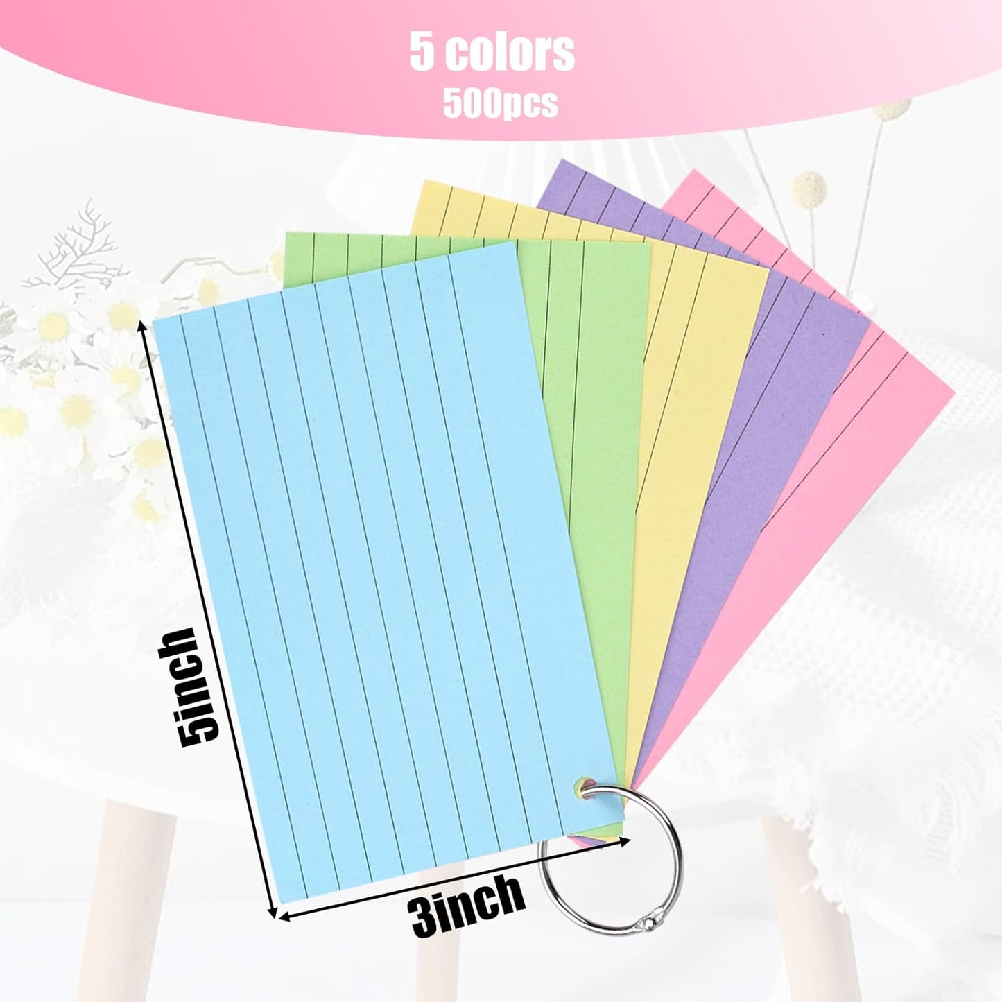 500PCS Index Cards 3x5 Inches, Colored Index Cards with Ring for Back to School, Punched Lined on Both Side Notecards Study Heavy Flashcards for Studying, Learning, College, Memory