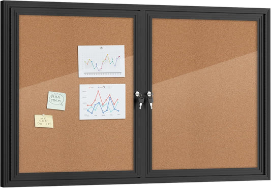 48"x30" Enclosed Bulletin Board, Outdoor Lockable Weather-Resistant Aluminum Cork Noticeboard for School & Office,Black Frame w/Cork