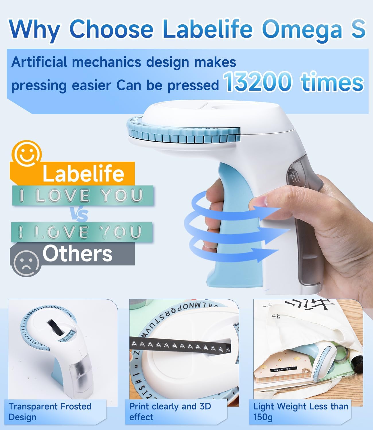 Labelife Embossing Label Maker Machine with Tapes,Omega S Vintage Embossed Label Maker,Retro Embossing Machine with 3 Rolls 3D Embossing Label Tapes Waterproof for Home Office Kids DIY Crafting, Blue