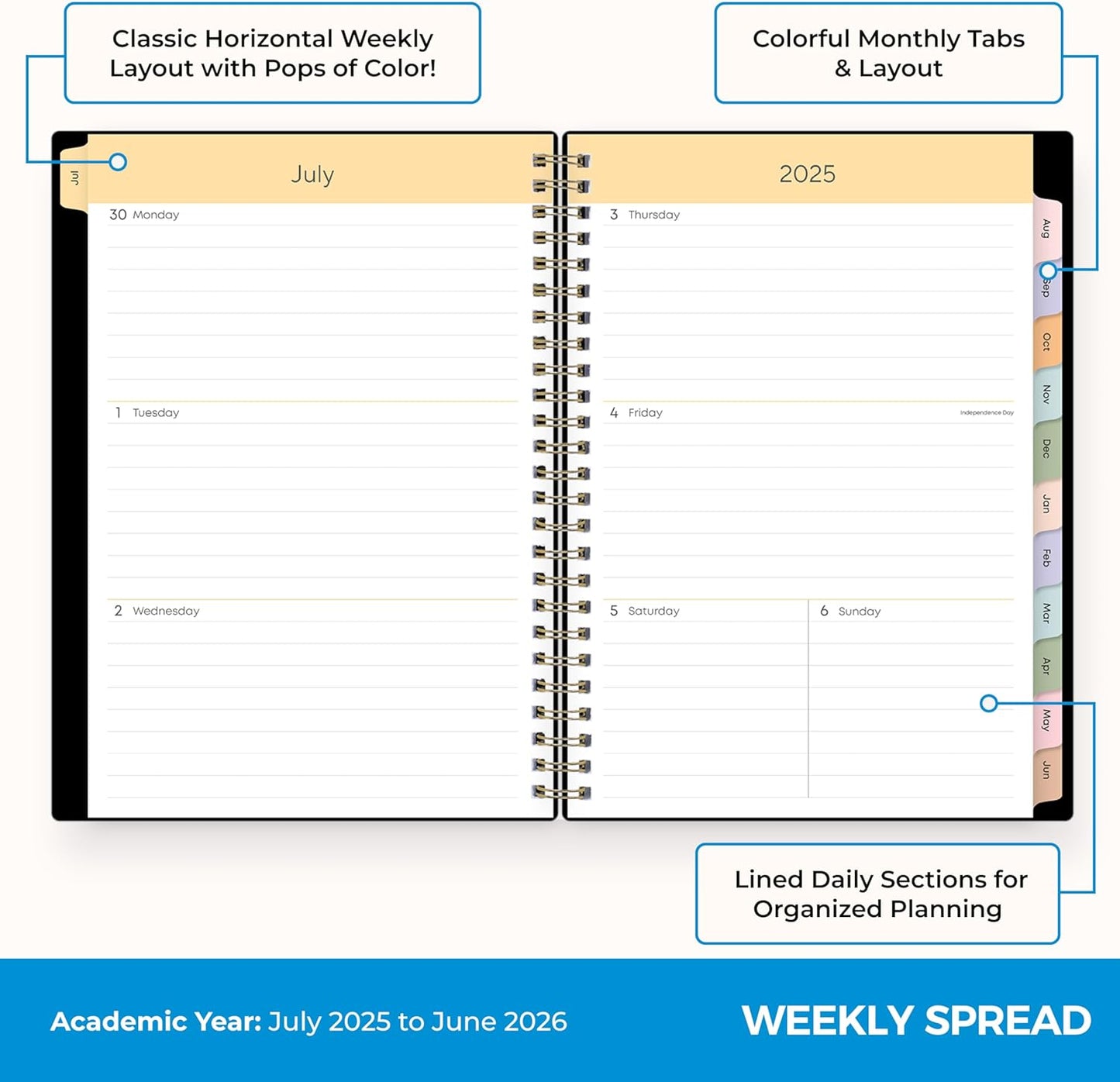Blue Sky 2025-2026 Academic Year Weekly and Monthly Planner Calendar, July 2025 - June 2026, 12-Month, 5.8" x 8.6", Flexible Cover, Wirebound, Laminated Tabs, Storage Pocket, Black