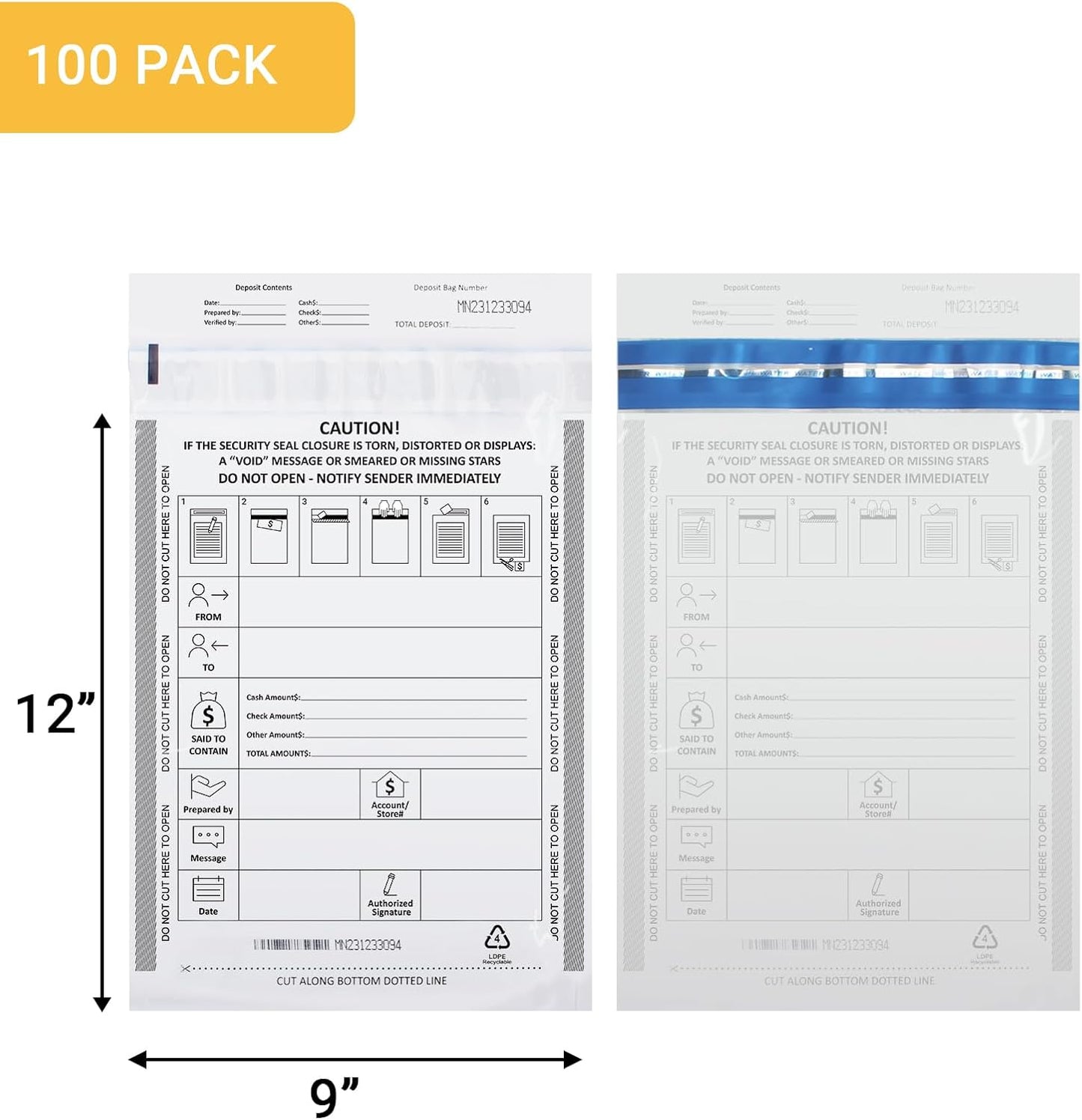 100 Pack 9" x 12" Tamper-Evident Deposit Bags with Security Tape Tamper Evident Security Pocket Bank Deposits Bags
