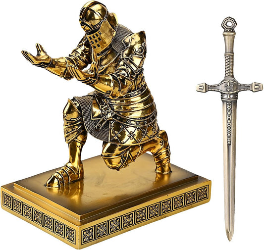 King's Guard Knight Pen Holder Pen Stand Desk Organizers and Accessories Resin Pencil Holder as Gift with a Metal Sword Letter Opener for Office and Home (Bronze(Plating))