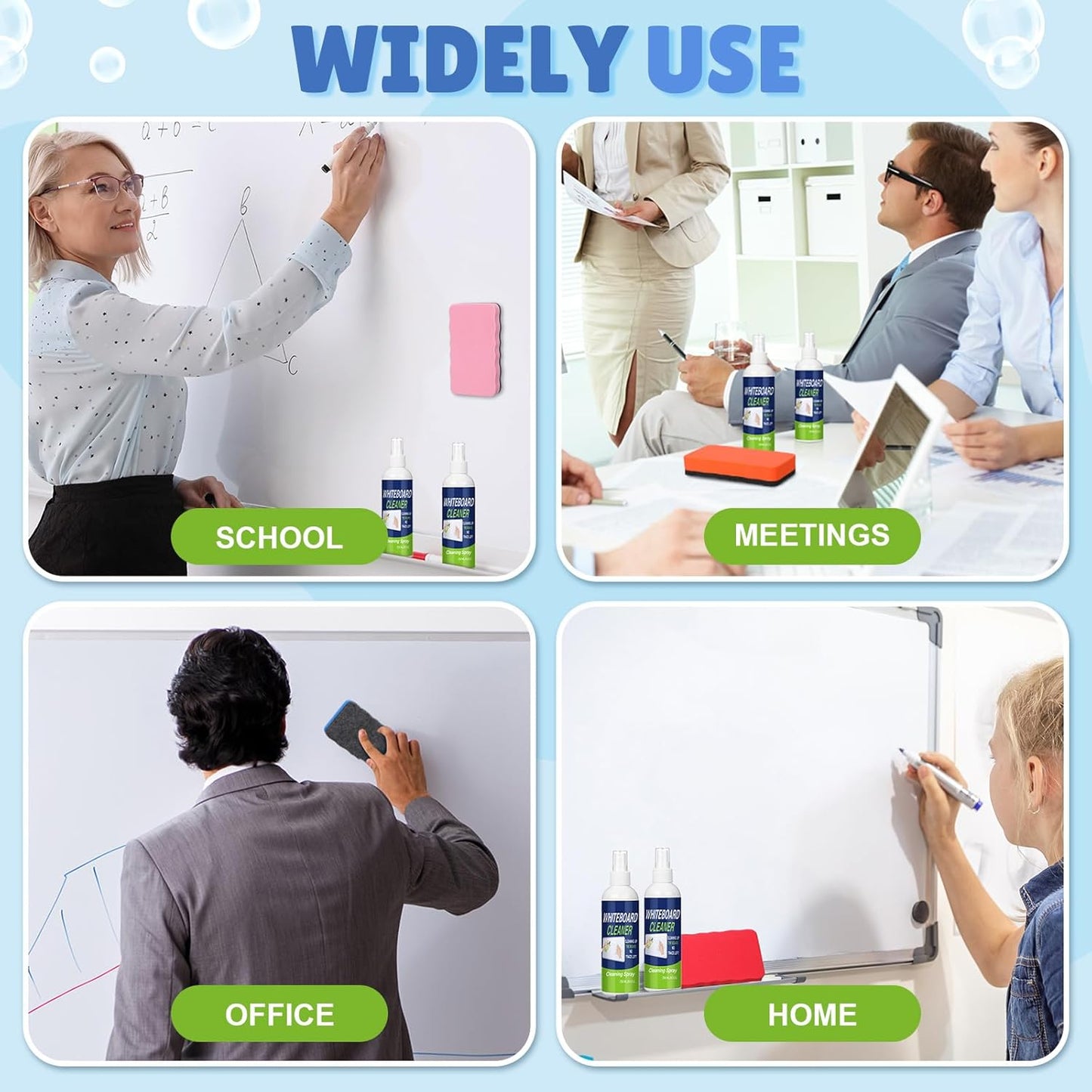 16 Pcs Dry Erase Whiteboard Cleaner Set, 8.5 fl oz Whiteboard Cleaning Spray Dry Erase Board Liquid Cleaner with 8 Magnetic Chalkboard Board Erasers for Classroom Home Office