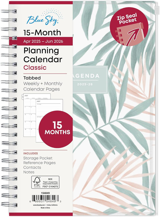 Blue Sky 2025-2026 Weekly and Monthly Academic Year 15 Month Planner Calendar, April 2025 - June 2026, 5" x 8", Flexible Cover With Zip Pouch, Wirebound, Storage Pocket, Seychelle