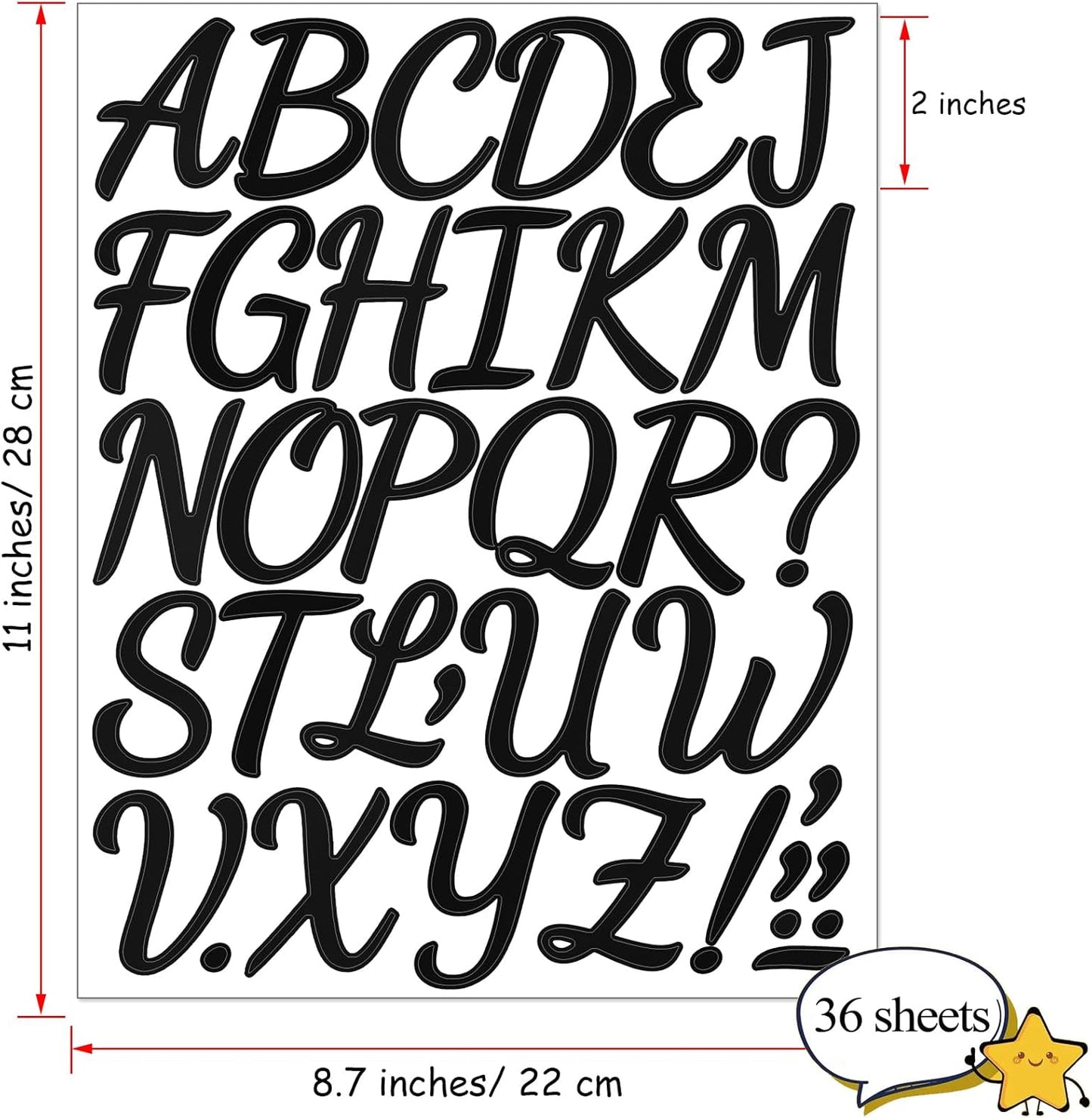 Bemeol 1296 Pieces Letter Stickers 36 Sheets 2 Inch Alphabet Letter Stickers Vinyl Self Adhesive Sticker Letters for Bulletin Board Home Classroom Mailbox Decor(Black)