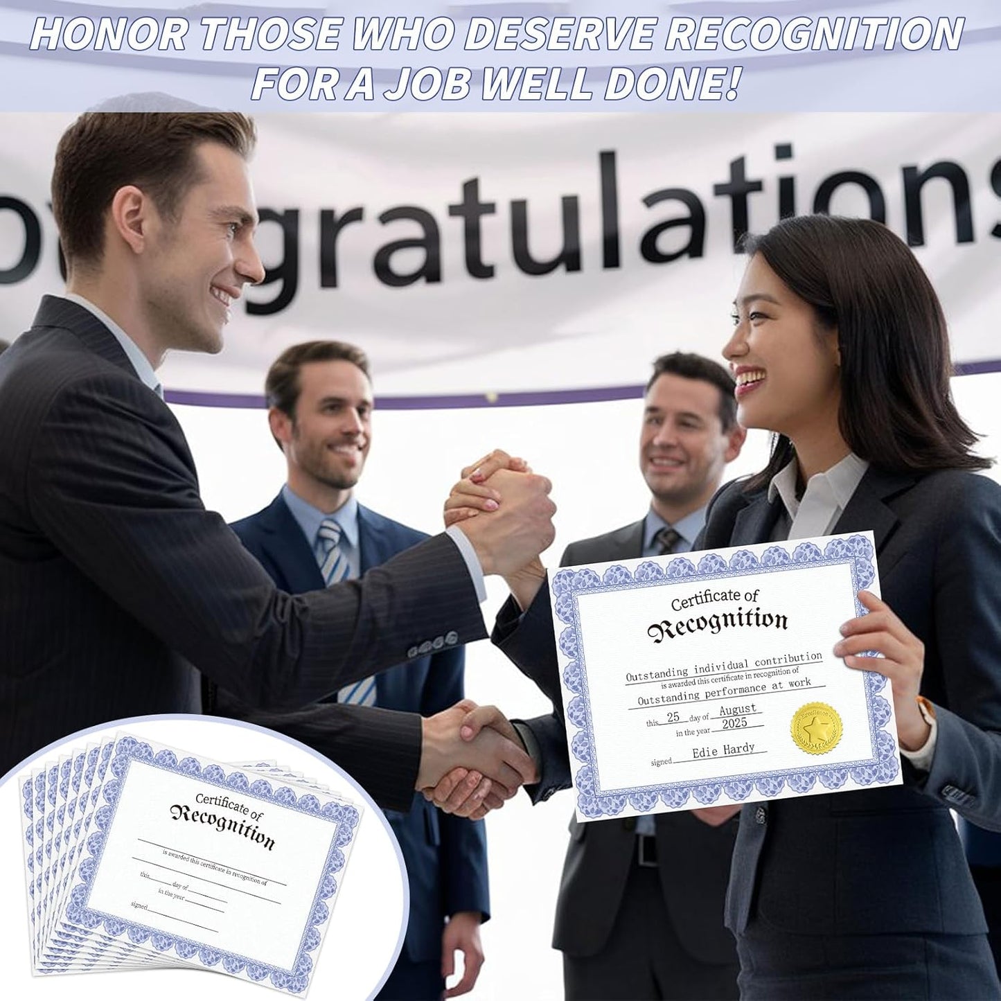 150 Pcs Blue Floral Certificate of Recognition Paper 8.5 x 11 In with Gold Foil Sticker Seals Prestige Certificate Award Paper Bundle Printable for Recognition Graduation Achievement Appreciation