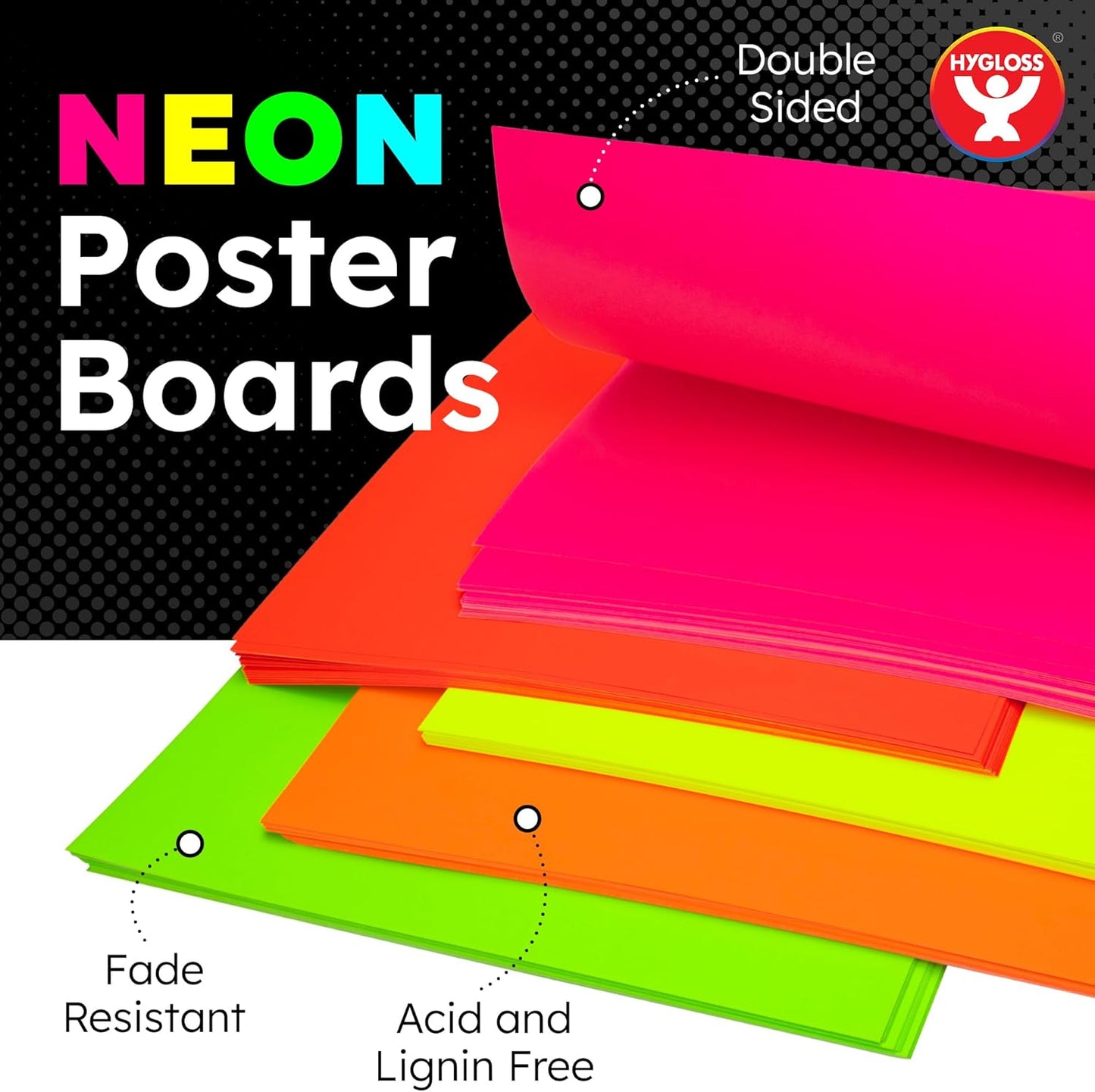 Hygloss Large Poster Board 22x28 - 25 Assorted Neon Color Poster Boards Bulk Pack - 10 Pt. Thickness Colored Poster Board Paper for Projects, Signs, Displays, Crafts - Posterboard Multipack 22" x 28"