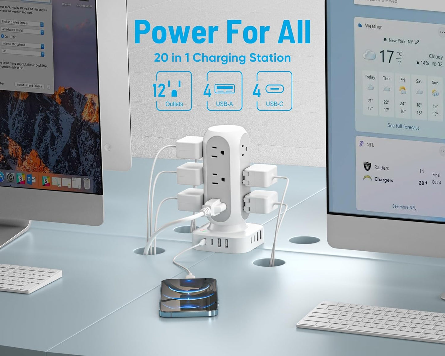 65W Fast Charging Station, Flat Plug Power Strip Tower with 12 AC Outlets & 8 USB Ports (2 PD USB-C Ports), 10FT Extension Cord, Compatible for MacBook Pro, iPhone Series.