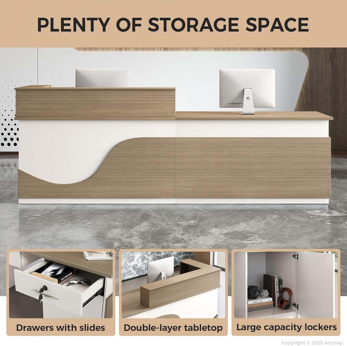 Modern Reception Desk – L Shaped Front Desk Checkout Counter with Drawers, Storage Cabinet and Double-layer tabletop for Office, Salon, Lobby, Cashier (White+Natural/Right, 79"L * 24"W * 39"H)