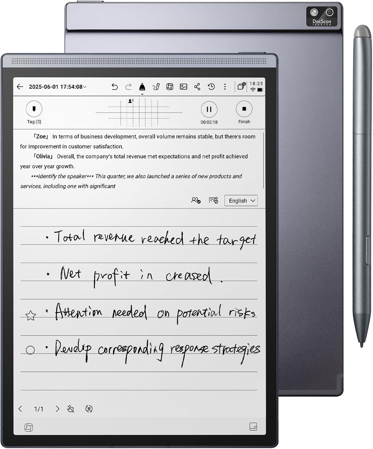 AINOTE Air 2, 8.2" AI E Ink Tablet, Smart Paper Note-Taking Tablet with Stylus & Adjustable Light, ChatGPT-Powered Multi-Language Transcription, Meeting Minutes Schedule Management