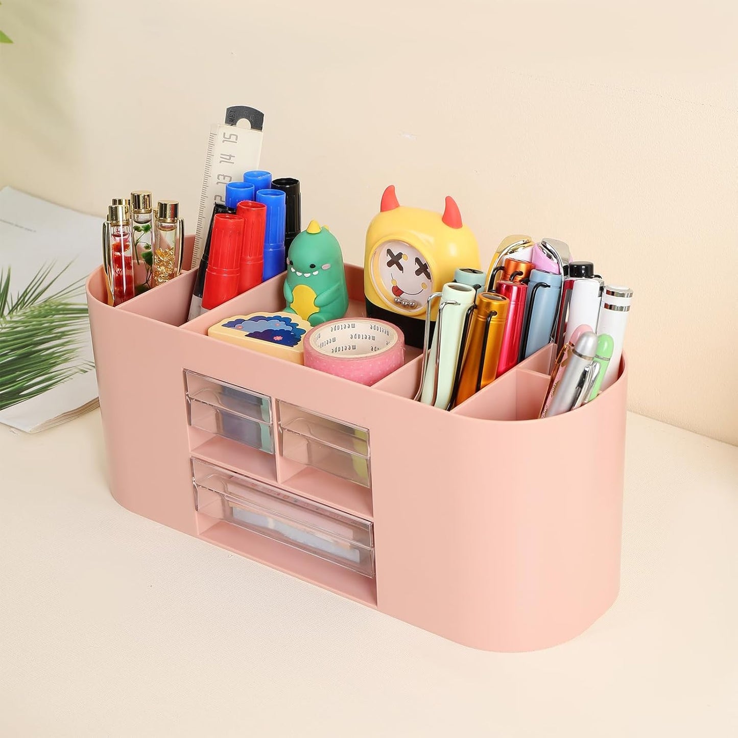 INSTOME Pencil Pen Holder for Desk with 3 Drawers - All-In-One Desk Organizer - Perfect Desk Accessories for Office Use - Stylish & Convenient Desk Organizers and Accessories (Pink)