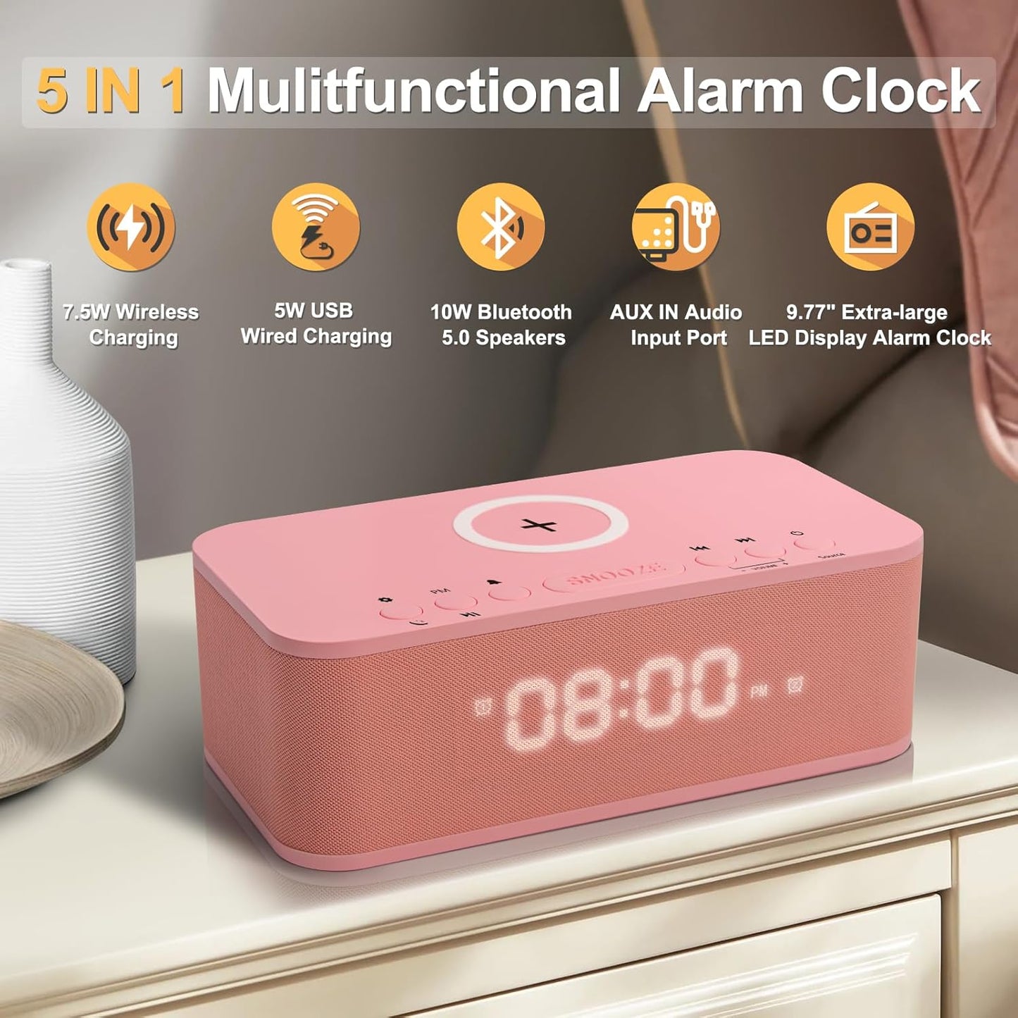 Alarm Clocks Large Snooze Button, Digital Clock USB Charger Port, Bluetooth Speaker Alarm Clock Bedroom AUX USB Bluetooth Speaker Wireless Charging 12/24H Dual Alarms Snooze Dimmer Sleep Timer, Pink
