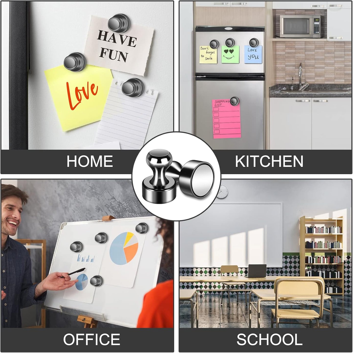 20 Pack Strong Refrigerator Magnets - Whiteboard, Small Fridge, Magnetic Push Pins - Brushed Nickel for Kitchen, Office, School, Locker, Map