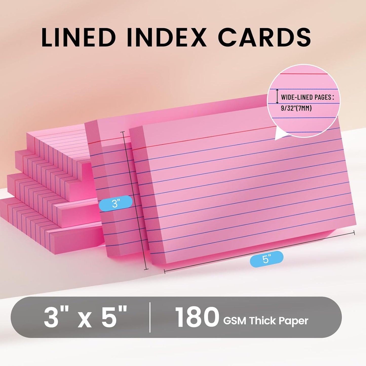 Index Cards 3x5 Inch, 300sheets, Flash Cards,Ruled Lined Pink Note Cards Paper For Studying, Schools Supplies, College, Office And Home Organization, Note Taking Supplies