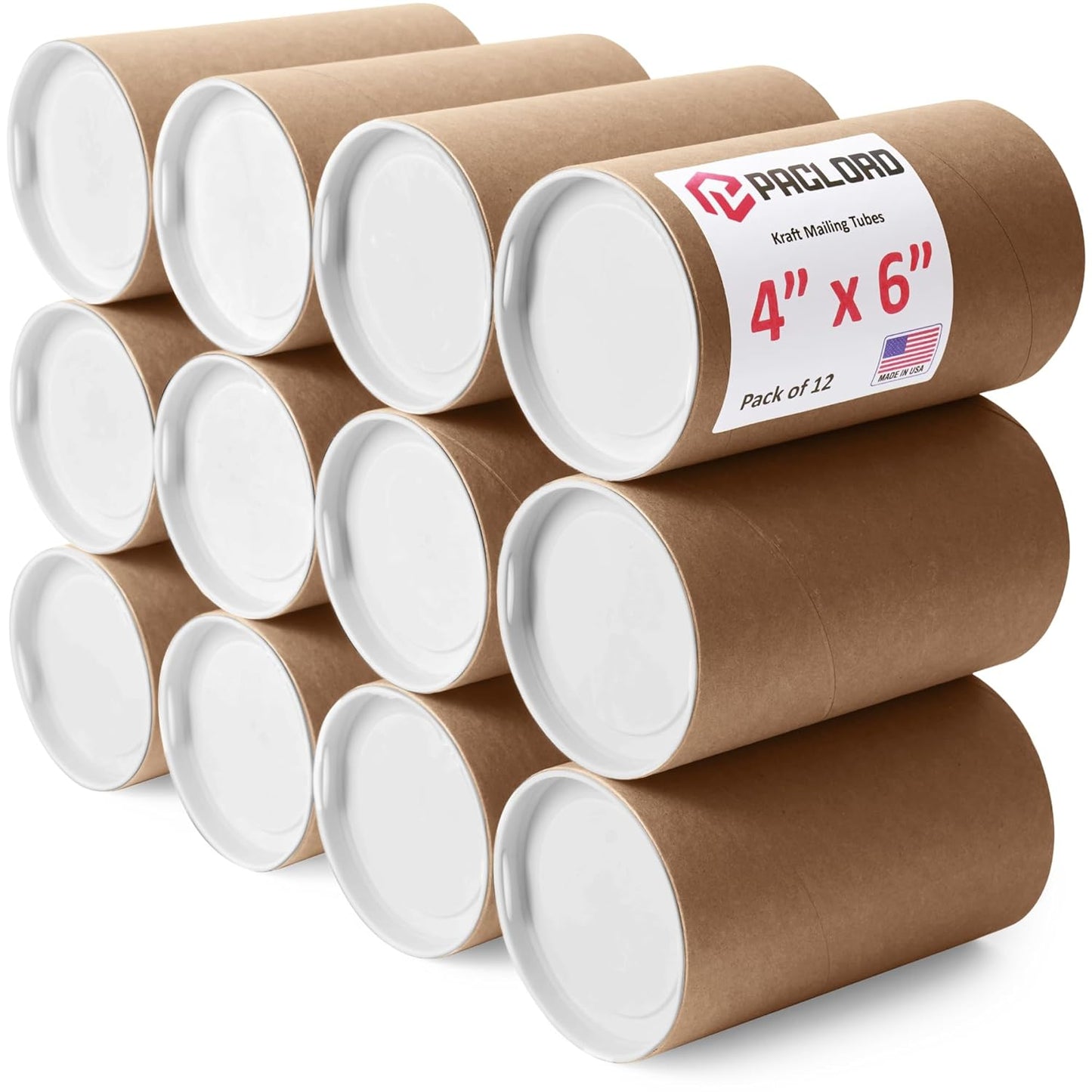 4" x 6" Reinforced Kraft Paper Mailing Tubes, Pack of 12 Tubes with 2 Caps Each – USPS Approved Poster Tube – Made in USA Cardboard Tube for Shipping and Storing Posters, Prints, Artwork, Documents
