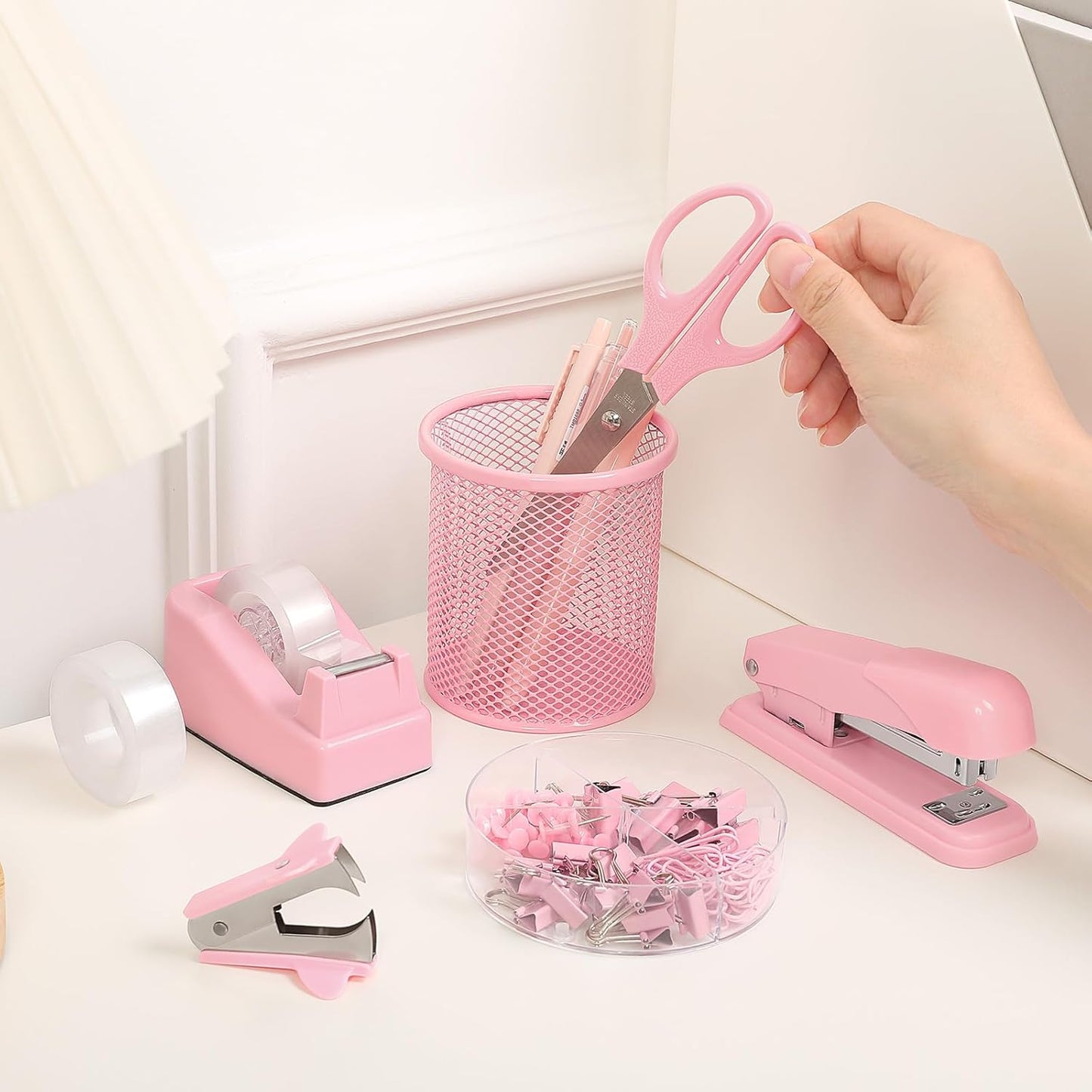 SKYDUE Pink Office Desk Accessories, Pink Office Supplies, Stapler, Tape Dispenser, Scissors, Clips and 1000pcs Staples,Office Supplies for Desk for Women