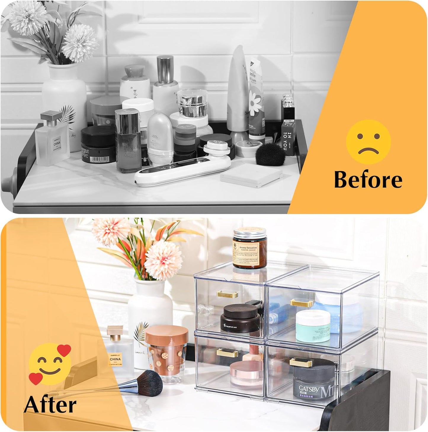 4 Pack Plastic Storage Bins, Acrylic Bathroom Makeup Organizer with Handle, Clear Small Stackable Storage Drawers for Vanity, Home, Kitchen Cabinet, Pantry, UnderSink Organization(6.7"D x 10.6" x 8"H)