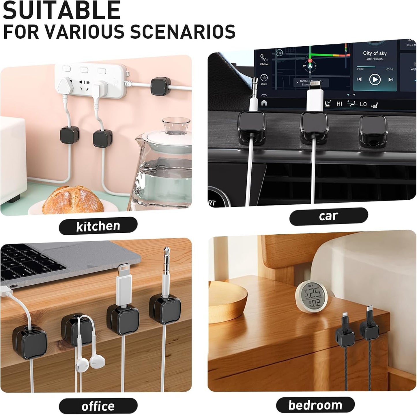 12 Pack Cable Clips, Cord Organizer, Cord Holder for Nightstand, Magnetic Cord Organizer, Strong Adhesive Charging Cable Keeper, Clip Holder