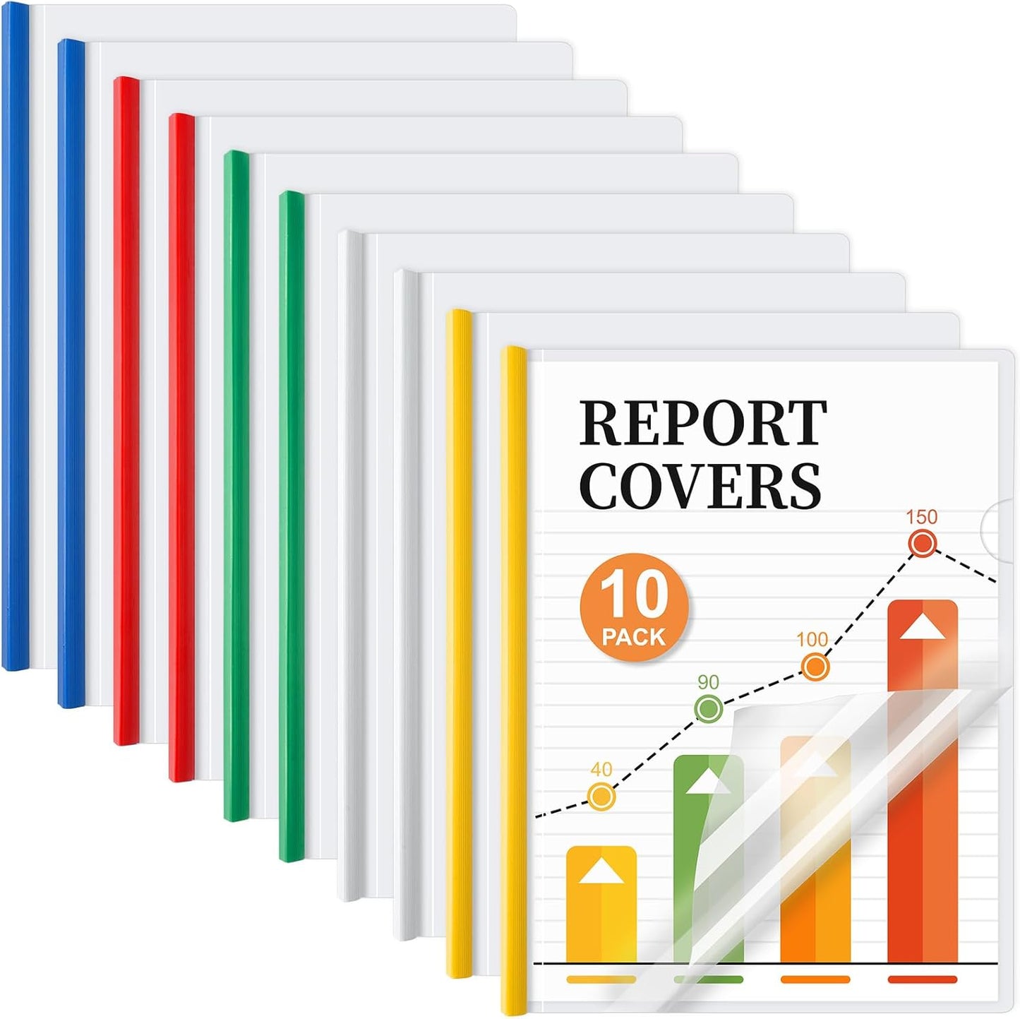 JOERSH 10Pcs Clear Report Covers with Sliding Bar, 40 Sheet Capacity Plastic Binder Paper Protector, Report Folders with Clear Cover for Resume File Documents, 5 Colors