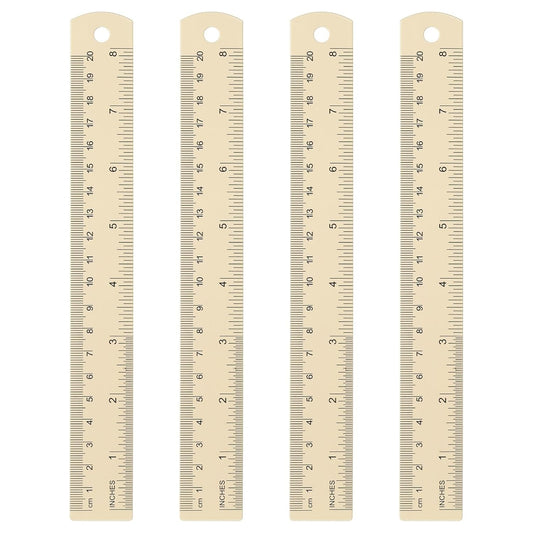 HARFINGTON 4pcs Metal Straight Ruler 20cm Metric SAE Aluminum Alloy Measuring Rulers Scale Tool with Hole for Measure Study Reading Classroom Office, Beige