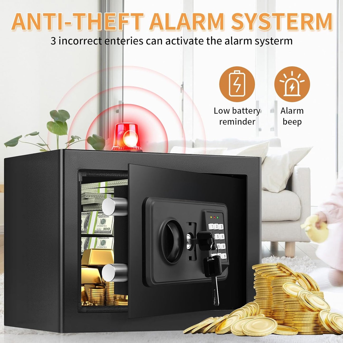 0.6 Cubic Feet Small Fire Safe Box for Home Use, Security Safe and Lock Box with Digital Keypad, Spare Keys, Dorm Room Safes for Money, Jewelry, ID Documents