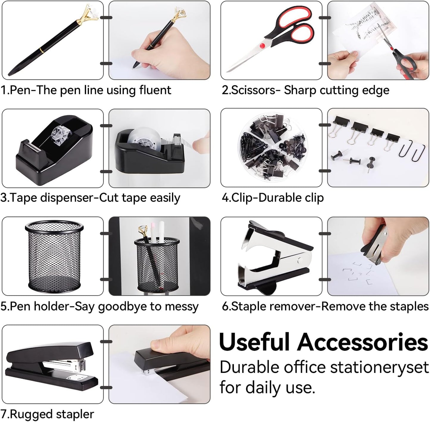 Black Desk Accessories, Office Supplies Set with Stapler, Tape Dispenser, Staple Remover, Pen Holder, Scissor, Binder/Paper Clips, Ballpoint Pen, Clear Tape and 1000pcs Staples
