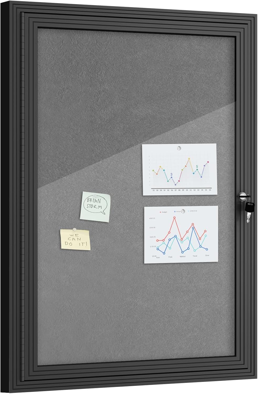 36"x24" Enclosed Bulletin Board, Outdoor Lockable Weather-Resistant Aluminum Cork Noticeboard for School & Office, Black Frame w/Grey Flet
