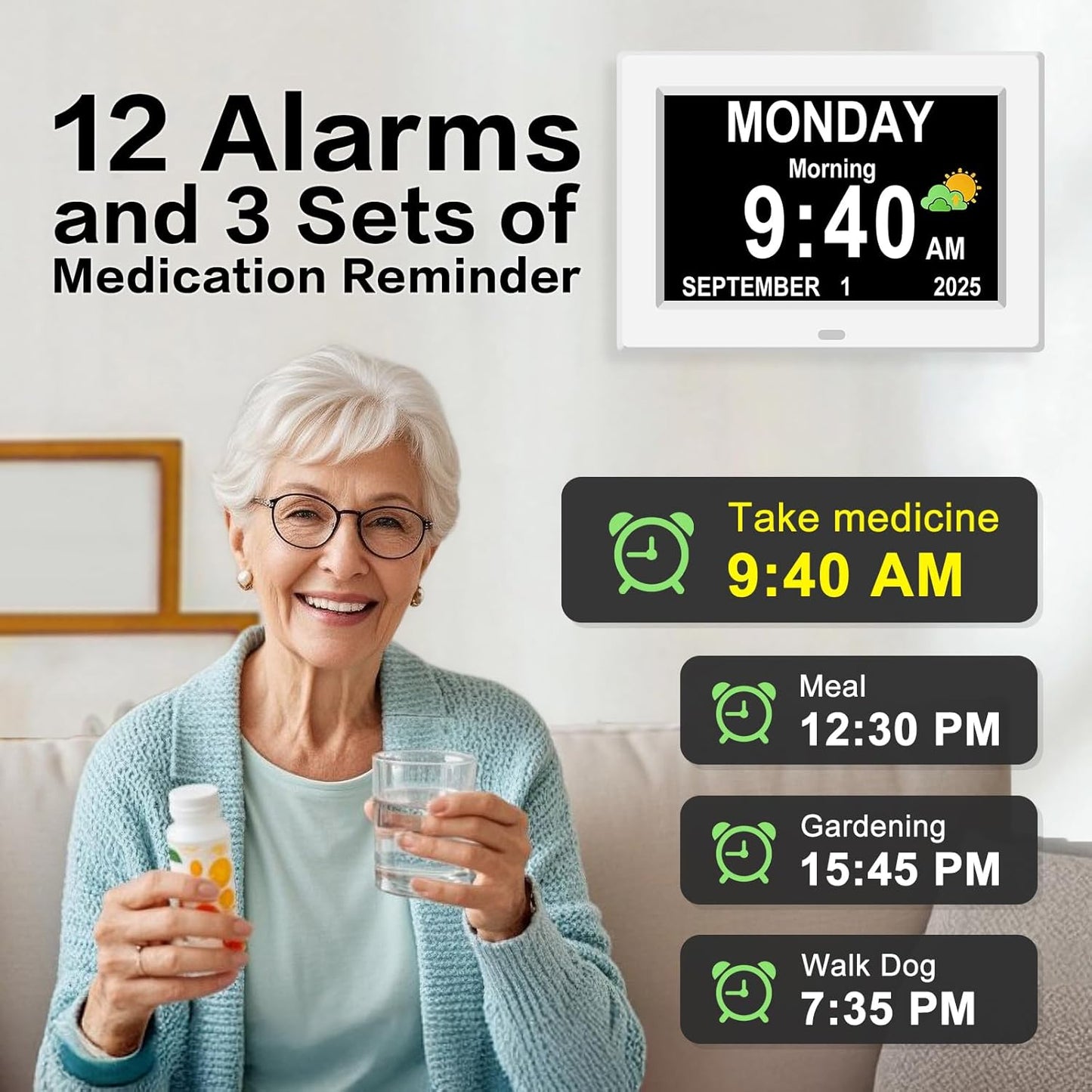 11'' Large Display Digital Clock for Seniors, Digital Calendar Alarm for Elderly Clock with Date Day of Week 12 Alarms 4 Colors Desk Wall Clocks for Memory Loss Alzheimers Dementia Auto DST/Dimmer