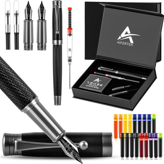Aifeiter Fountain Pen Set - 2 Nibs + 18 Ink Cartridges + 2 Converters & Syringe | Professional Writing Tool | Premium Gift Box for Men/Women | Perfect for Beginners & Calligraphy