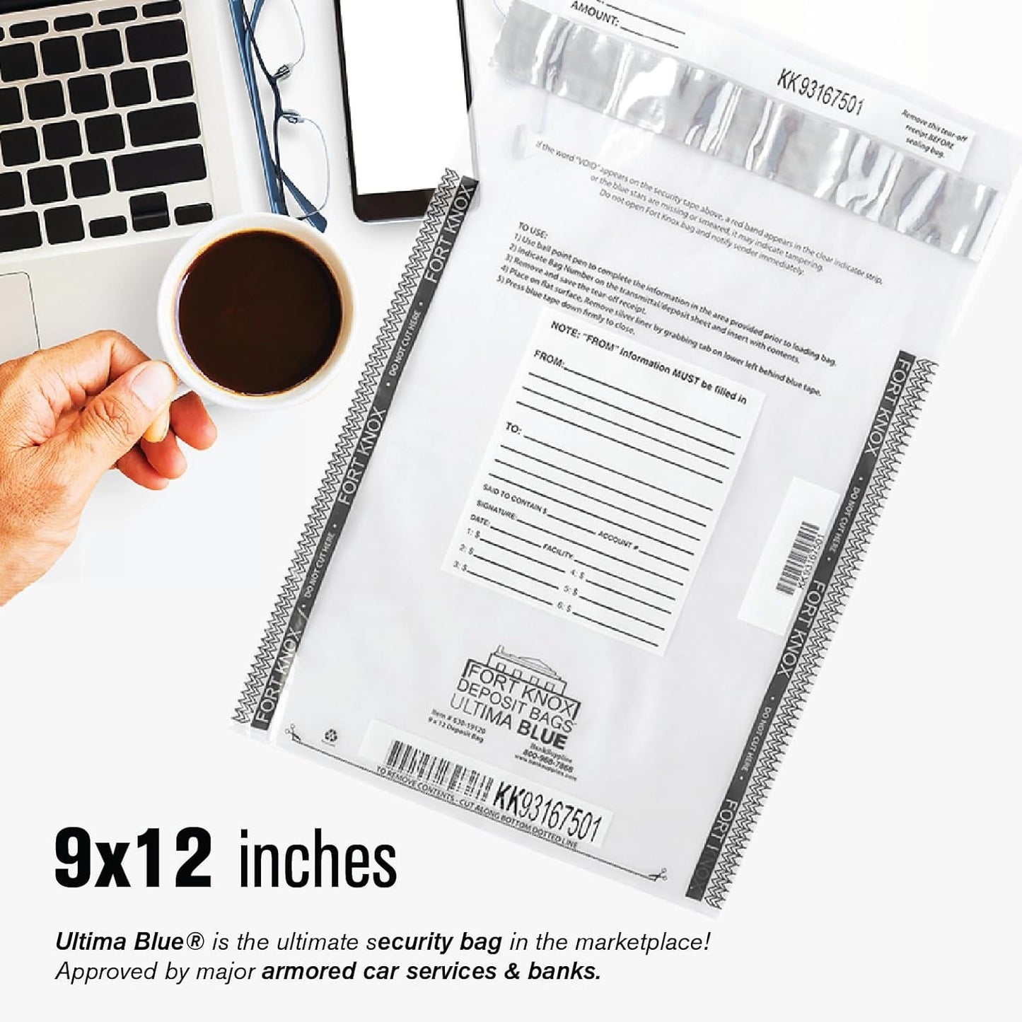 BankSupplies Ultima Blue Tamper-Evident Clear Deposit Bags 9W x 12H Pack of 100 with Advanced Security Detection Features