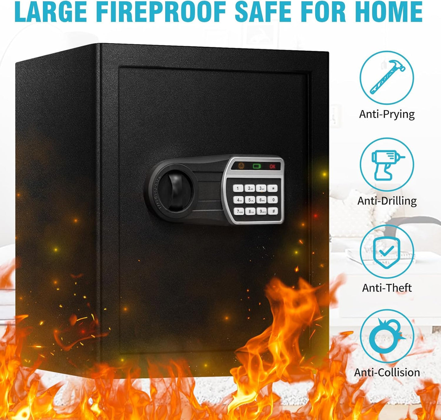 2.5 Cuft Safe Box, Home Safes with Fireproof Waterproof Bag, Anti-Theft Safety Box with Digital Keypad, Smart Alert System, Spare Keys, Removable Shelf, LED Light, Personal Document Safe