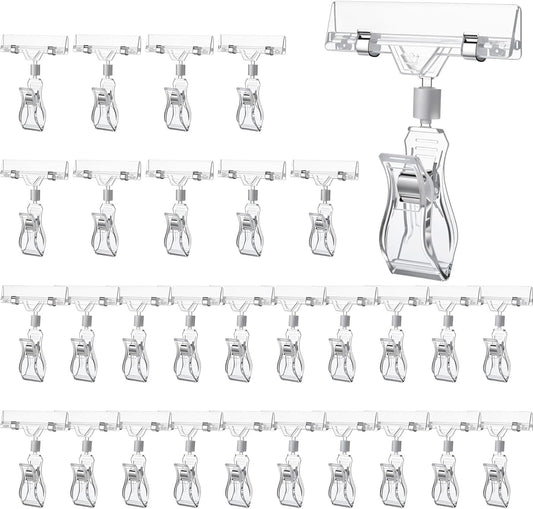 30Pcs Clear Sign Holder Clips for Retail Display, Plastic Price Sign Clamps Label Tag Acrylic Clips, Merchandising Rotatable Pop Clip for Retail Rack, Baskets or Cards