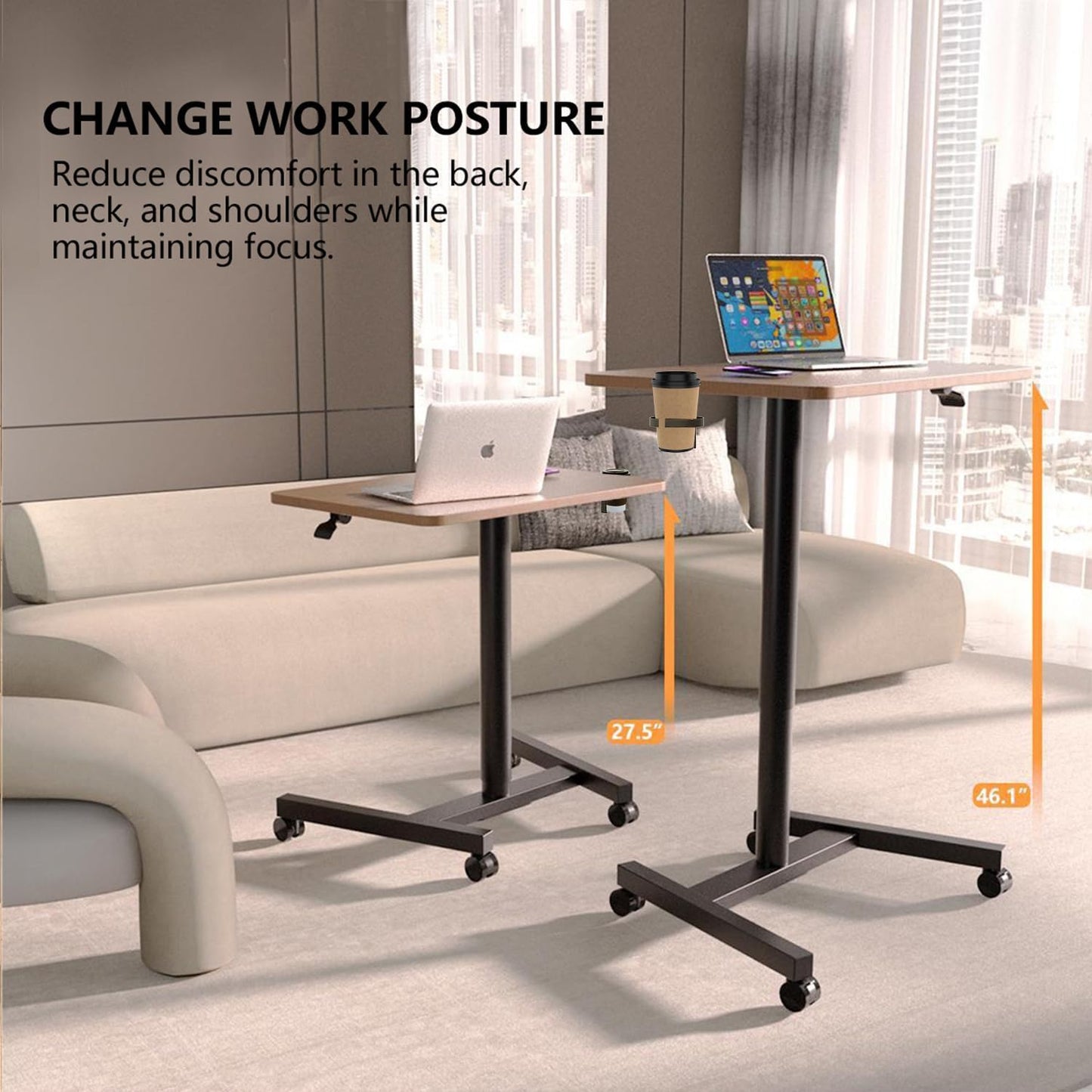 28-Inch Mobile Standing Desk Adjustable Height with Cup Holder, Portable Standing Desk with Lockable Wheels, Rolling Table for Home Office Classroom Hospital (Walnut)