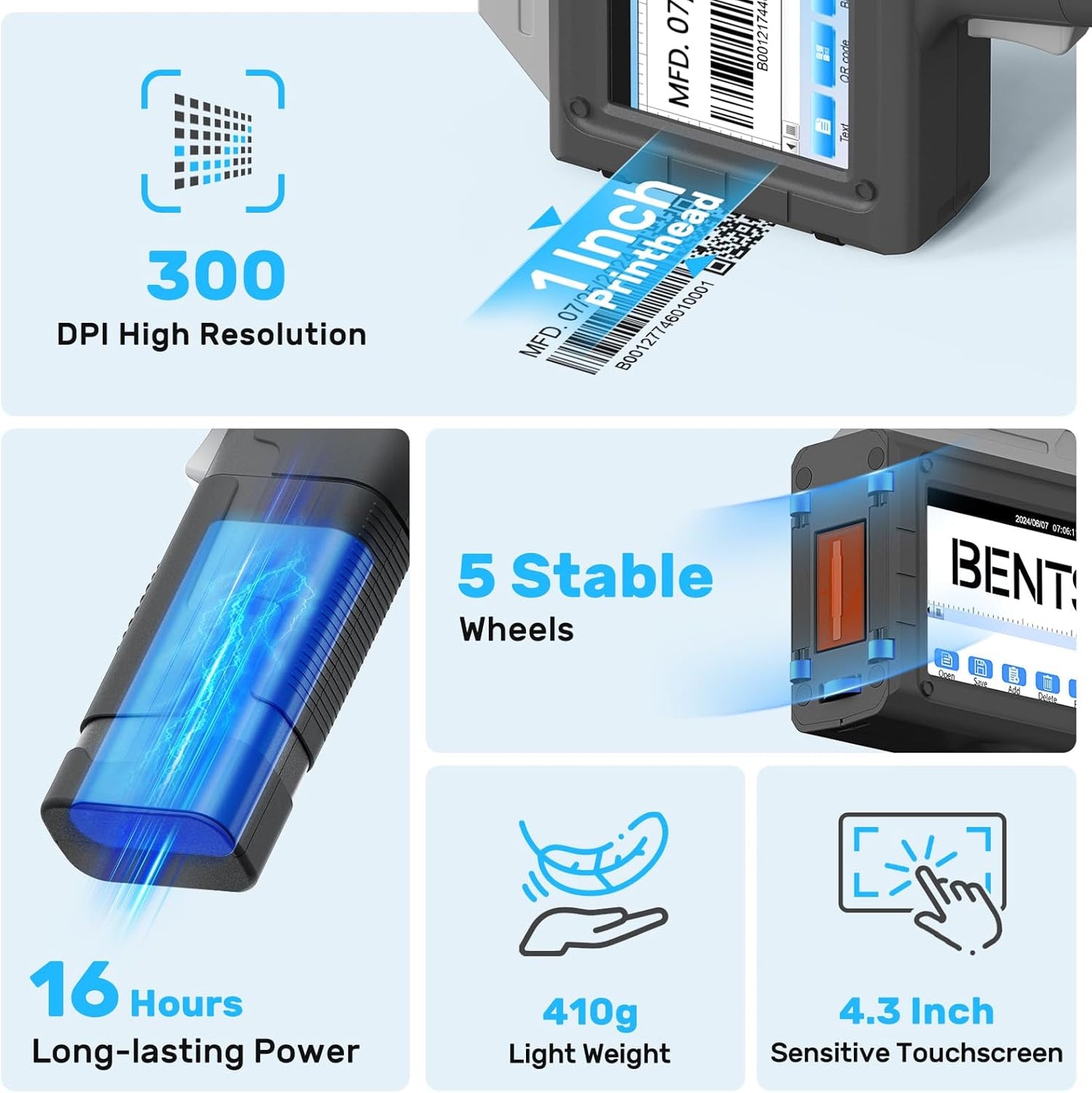 BENTSAI Handheld Inkjet Printer BT-HH6210BL 1 Inch Printhead Date Coder with 42ml Fast Dry Ink for Batch Number Expiry Date QR Code Barcode Logo on Any Surfaces to Use on Conveyor Line for Auto Print