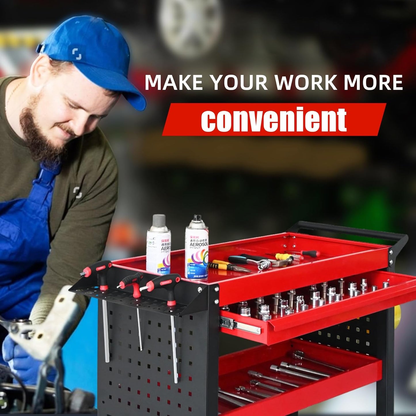 3 Tier Tool Cart on Wheels, Heavy Duty Metal Rolling with Drawers and Pegboards, 660 LBS Load Capacity Tool Storage Cart, Industrial Utility for Garage, Warehouse, Workshop