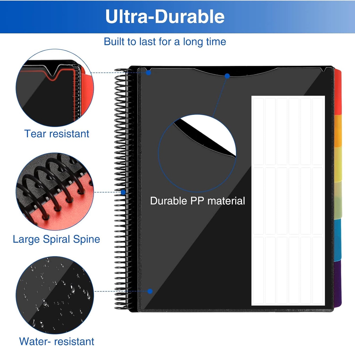 12 Pocket Project Organizer, Forvencer 1/6-cut Tab Binder Organizer with Sticky Labels, Multi Pocket Folder with Zipper Pouch, Folder Binder Spiral Pocket Notebook, Office Supplies, Letter Size, Black