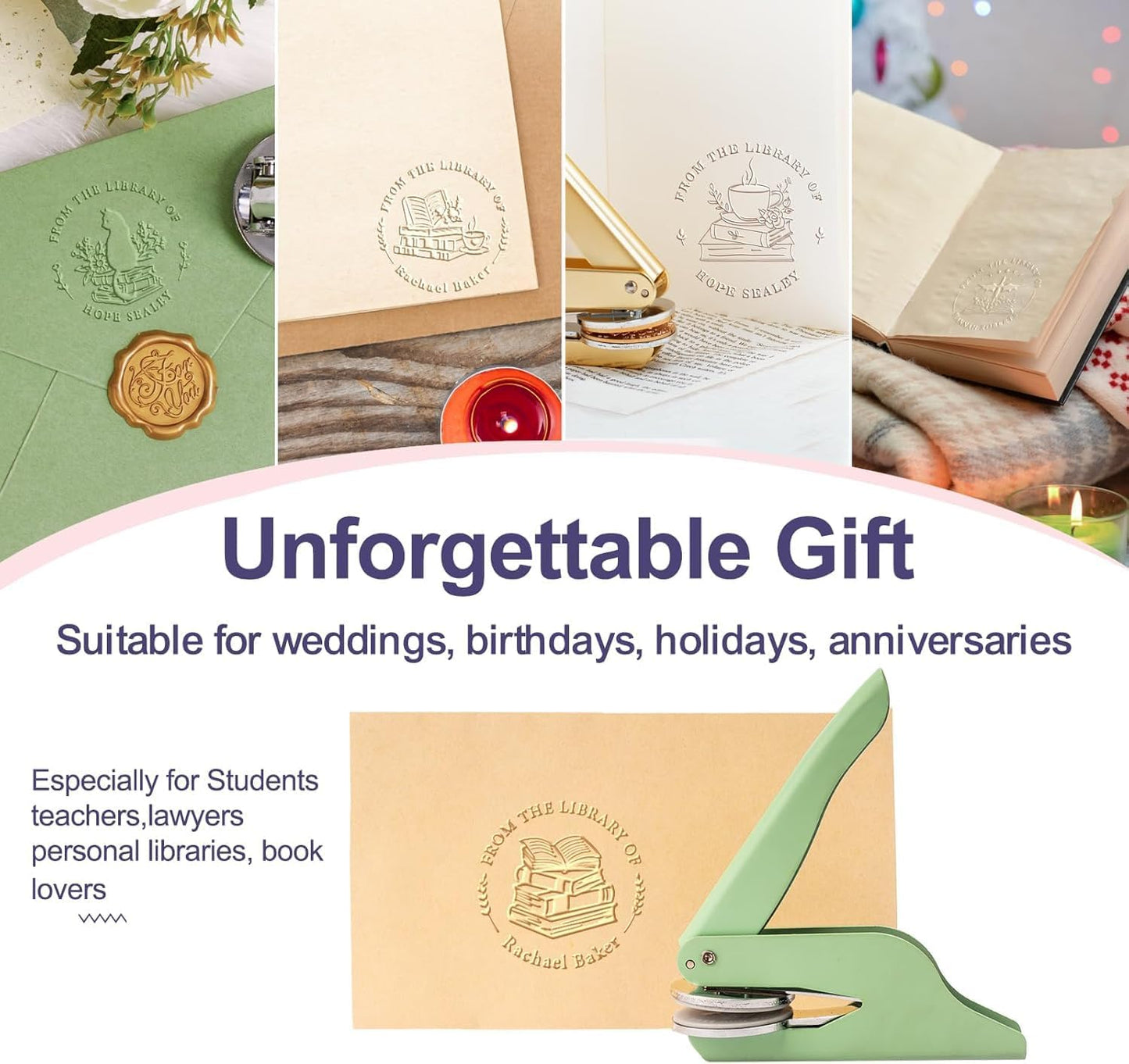 Book Embosser Personalized Floral & Book Series – 20 Botanical and Book-Themed Designs, Custom Library Stamp for Romantic Readers