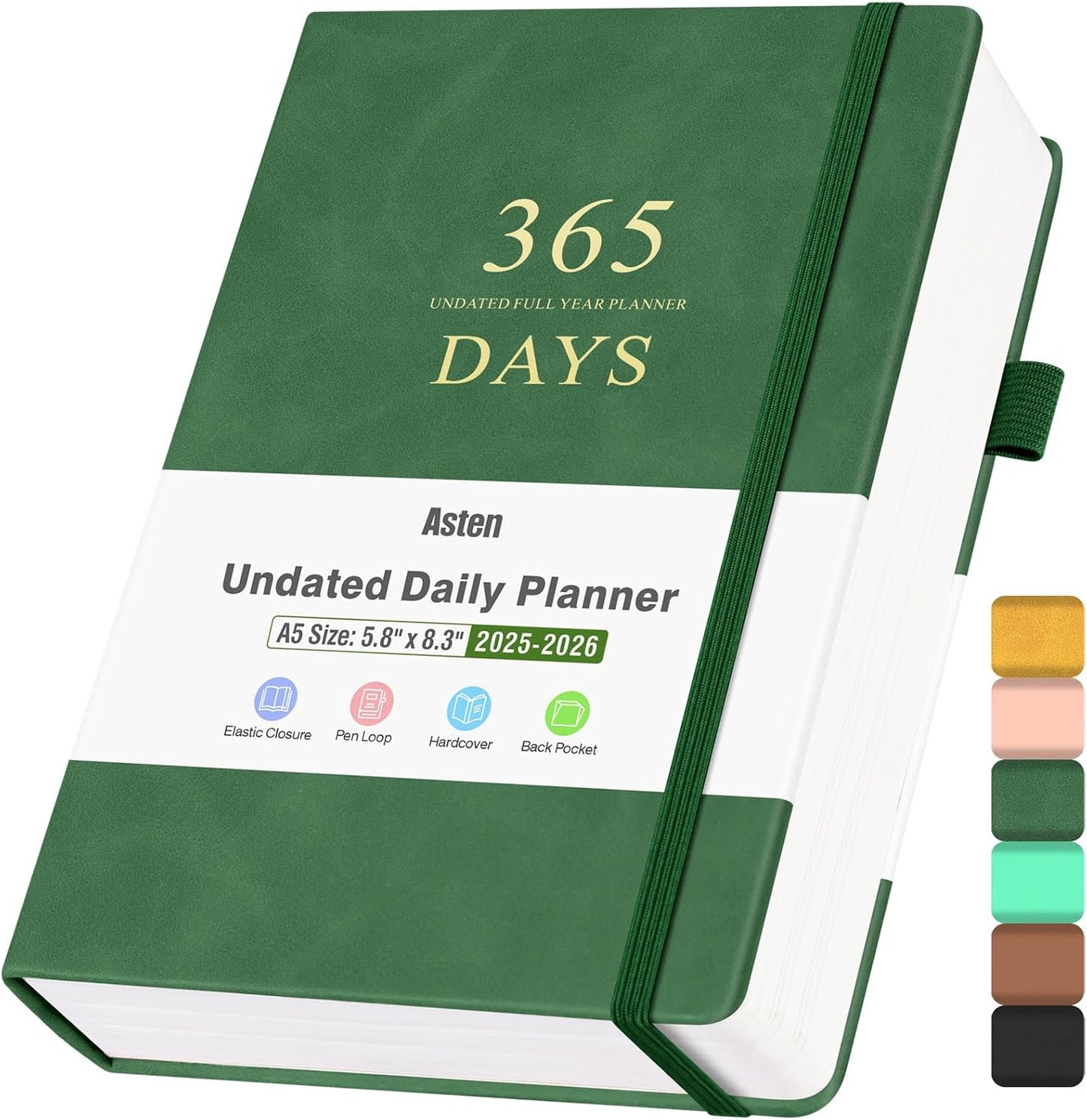 Asten Planner, Undated Daily Planner with To Do List, 365 Days Planner for ADHD Adult, Agenda for, Hourly Planner Notebook for Goal Setting, Productivity Planner with Calendar, 8.3'' x 5.8'' (Green)