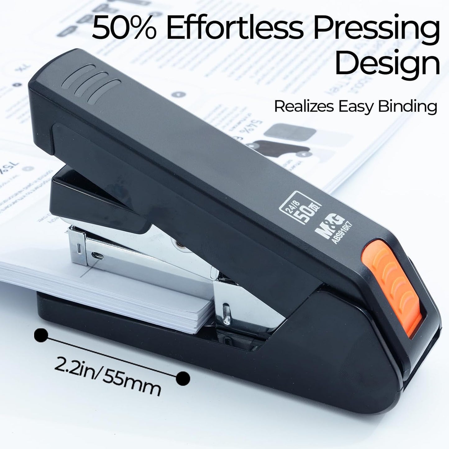 M&G Effortless Stapler 50 Sheet Capacity One-Touch Stapling, Heavy Duty Desktop Stapler Includes 1000 Staples and Remover, Portable Handheld Staplers for Home & Office (Black)