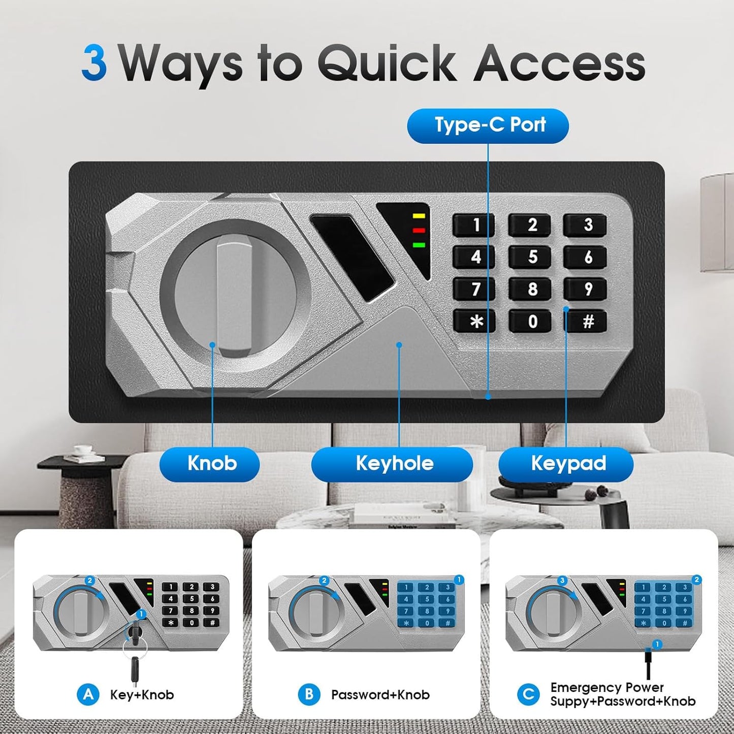2.2 Cu Ft Fireproof Home Safe Box - Digital Electronic Keypad, Steel Security Combination Lock Box with Removable Shelf, Emergency USB-C Cable, Safety Box for Document Money Jewelry Handgun