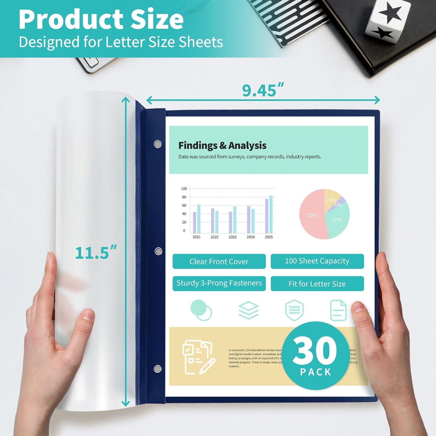 Binditek 30 Pack Clear Front Report Covers with 3 Prongs, 100-Sheet Capacity, Heavy-Duty Plastic Report Folder with Navy Back Covers, 3 Metal Prongs Fasteners, for Letter Size, Office Supplies