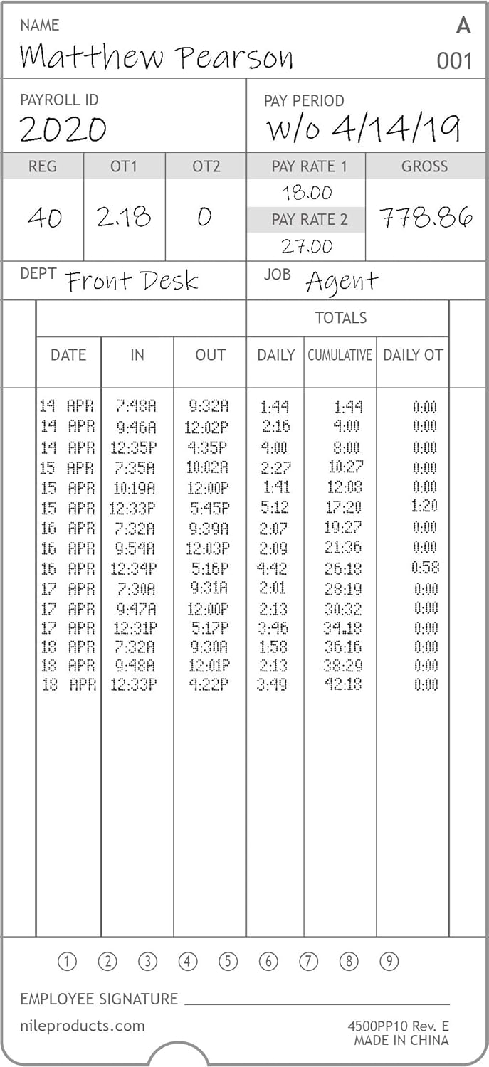 Nile Products - Authorized Time Cards for Nile Products 4500PP Compatible [ 4500PP10 ] Electronic Time Clock, Double Sided Time Sheets (3.37 x 7.37 Inches) - 100 Time Cards Per Package