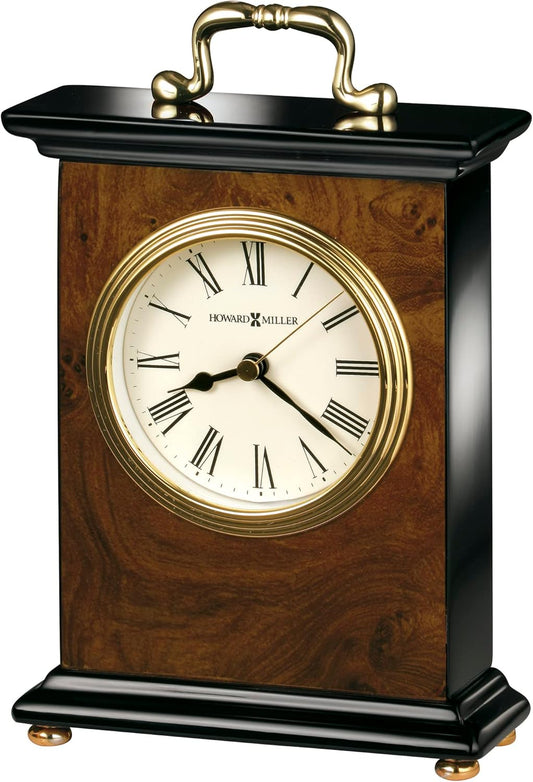 Howard Miller Berkley Table Clock - Roman Numerals Walnut Wood Finish Desk Clock- Vintage Mantel Clock with Brass Handle - Silent Quartz Movement Desk Clocks for Home, Office, Bedroom, Living Room